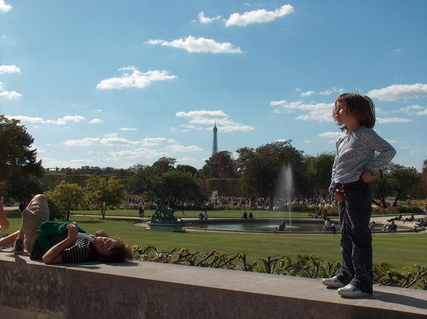 self indulging in Jardin Touileries with Eiffel at the background