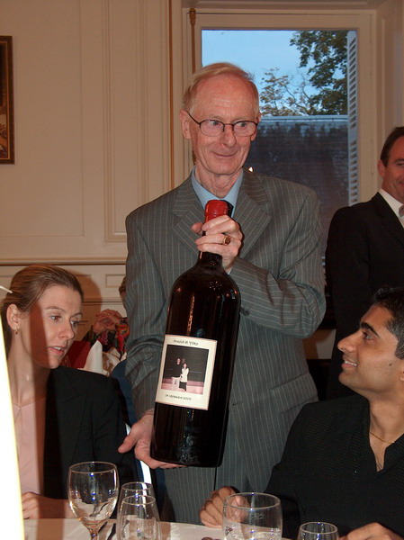 special wine bottle for the couple from Arnold's dad