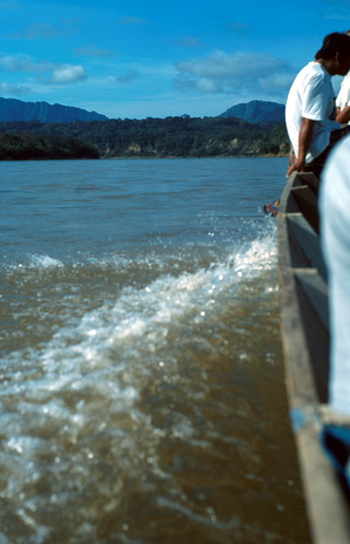 Jedem do džungle. Loď je asi deset metrů (!) dlouhá a něco přes metr široká. Základ = vydlabaný kmen.
