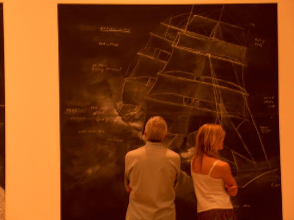 This one was interesting: they just washed blackboard not very carefully and then used the spots left there and added chalk lines to make these pictures