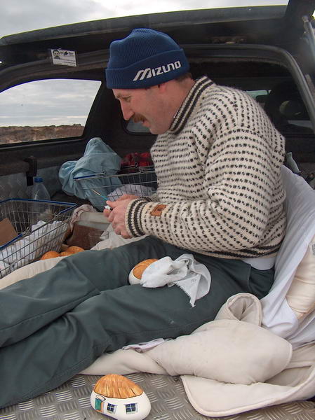 A guy was parked there, painting round rocks that looked like...