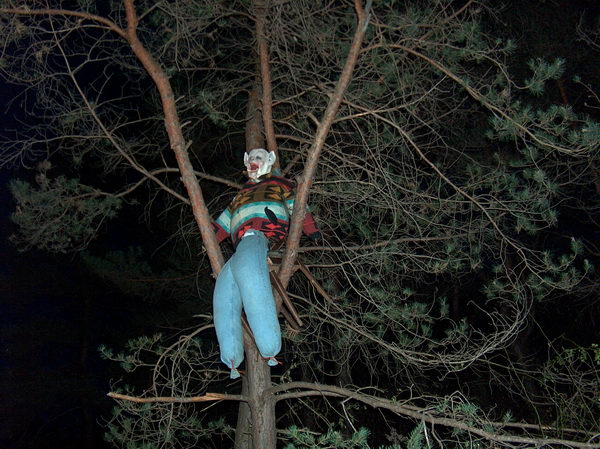 Cestou jsou na stromech rozvěšená "strašidla"