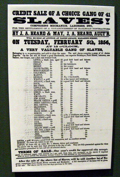 Poster announcing sale of a gang of slaves from 1856