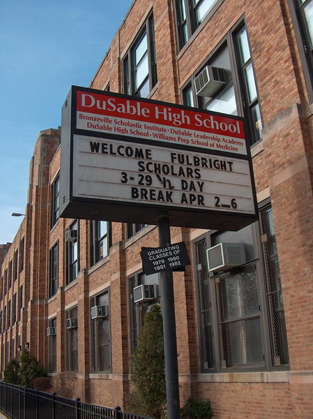 "Welcome Fulbright Scholars" sign in front of the school - oh my! It looks serious!