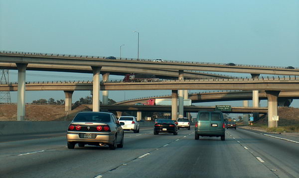 Highway 10 from LA crossing another highway in a intricate system of interwoven bridges
