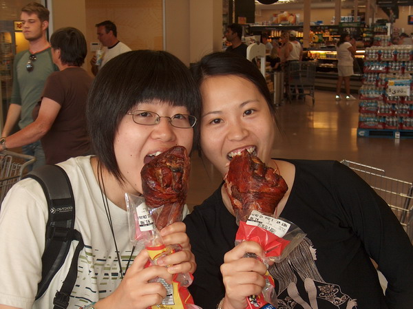 Feeding the wild beasts: Shohko and Jing bought huge turkey drumsticks for breakfast