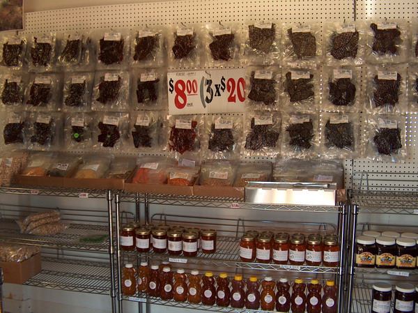 Huge selection of jerky. From beef, turkey, buffalo, natural, spiced, all you can imagine. Not cheap, but good!